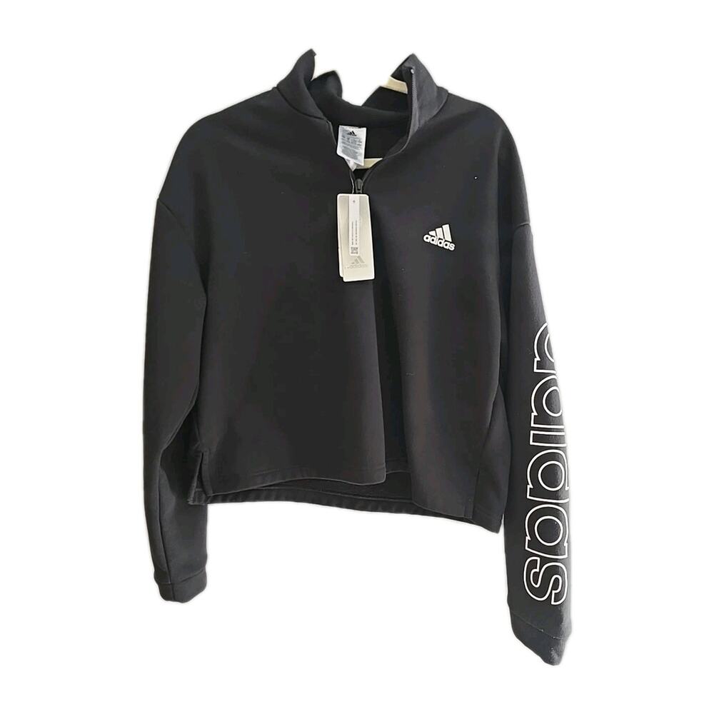 NWT Adidas Essentials Black 1/4 Zip Fleece Cropped Sweatshirt Womans Size XL